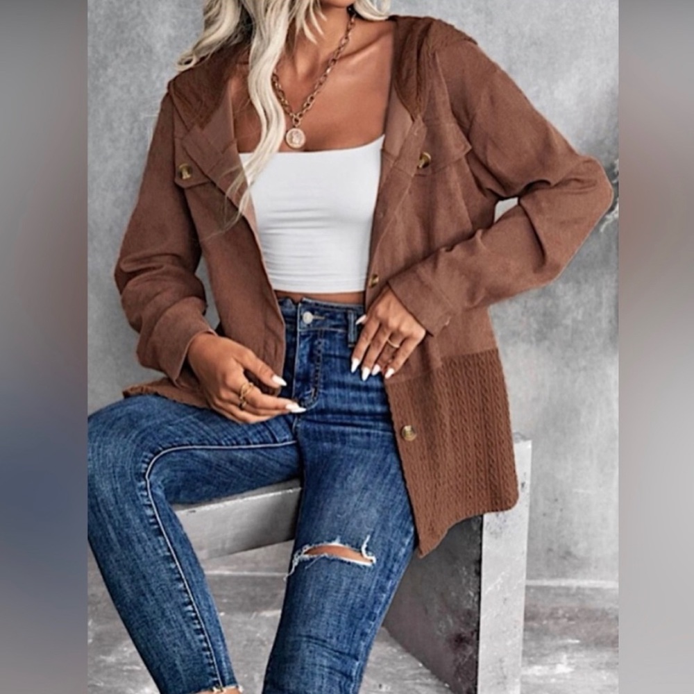 🥳HP 11/28/22🎉Hooded Long Sleeve Button Front Corduroy Jacket Color: Brown - Picture 3 of 6